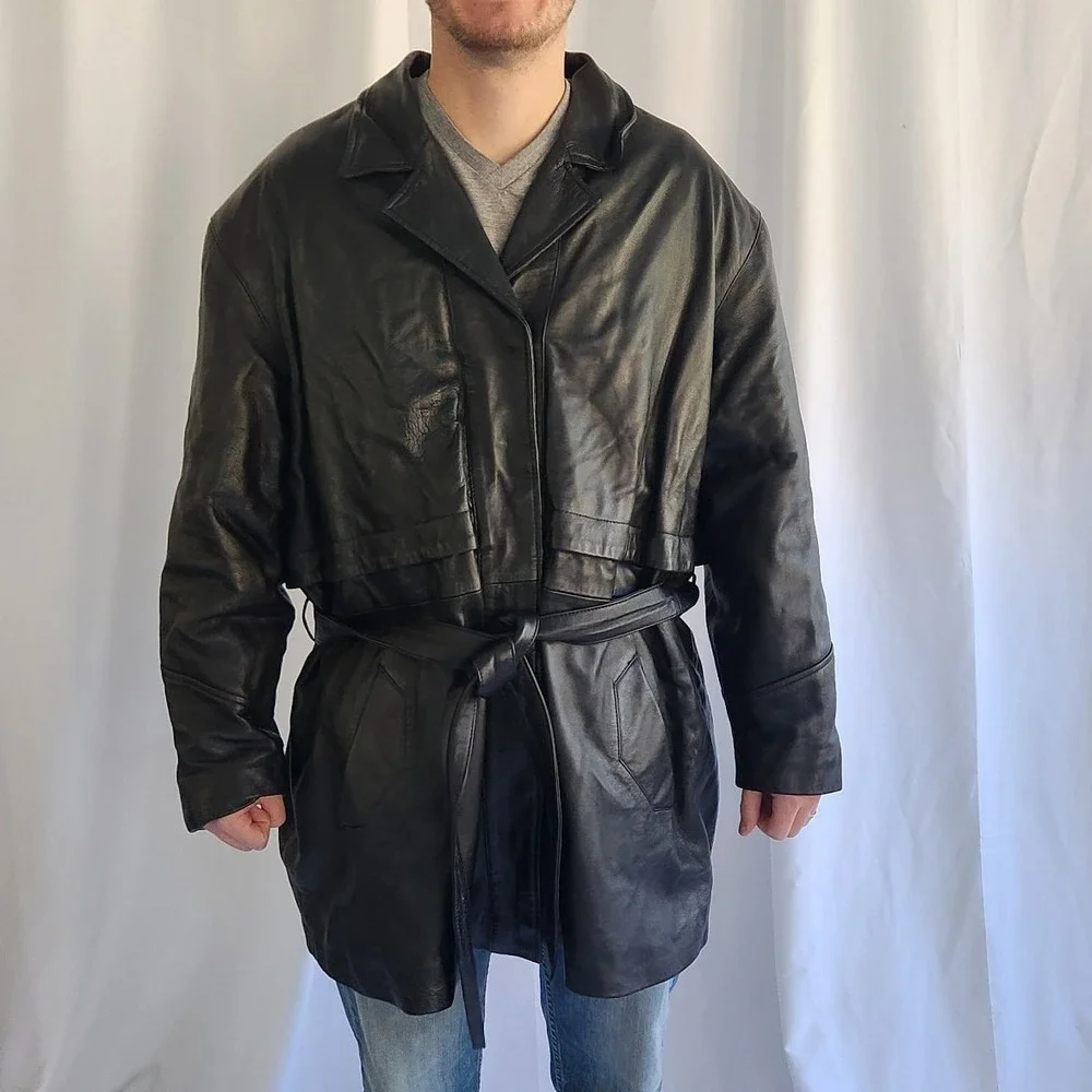 90s Black Leather Trench‎ Coat